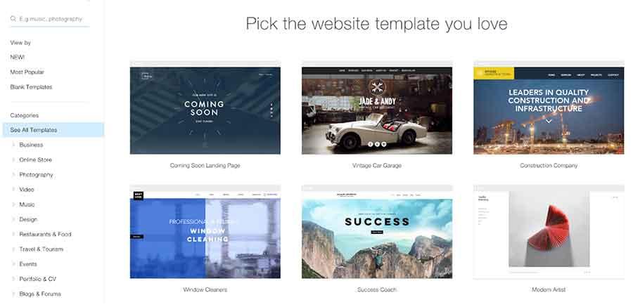 Wix Template Selection